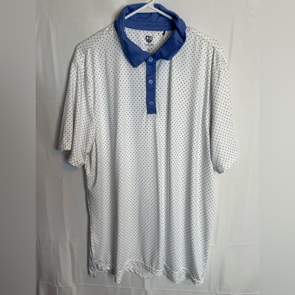 Graham Luxe Men’s Size XL Short Sleeve Polo White Blue Dots Golf Active 5731
